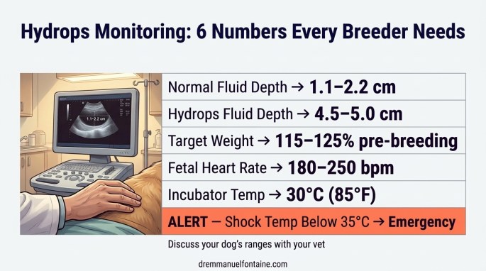 Infographic showing 6 key numbers for monitoring hydrops pregnancy in dogs