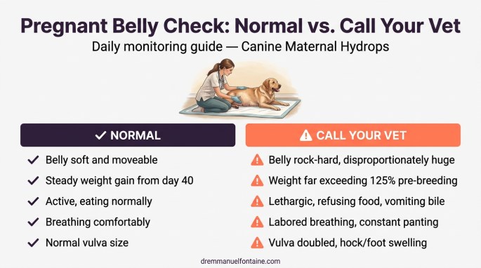 Infographic comparing normal pregnant dog belly check versus hydrops belly check