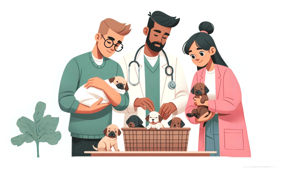 A veterinarian and breeders taking care of newborn puppies