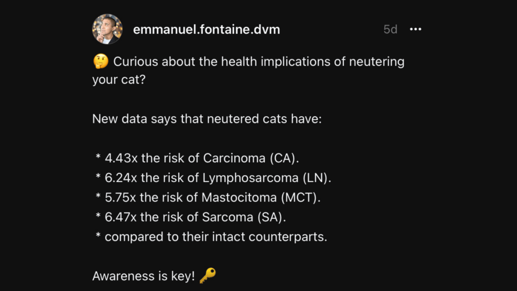 A message I posted on Threads on results from a recent study on impact of spaying and neutering on cancers in cats.