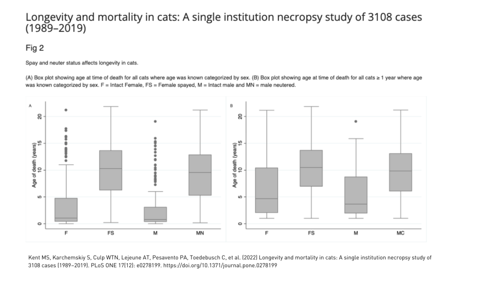 graph showing the difference in terms of lifespan in neutered male and spayed female cats, compared to entire individuals