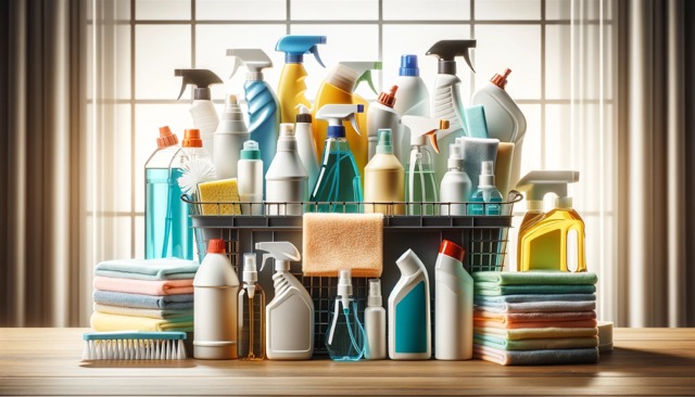 An array of cleaning products like sprays, wipes, and solutions arranged on a shelf or in a cleaning caddy. This image effectively represents the tools and agents used in cleaning and disinfecting, highlighting their importance in maintaining cleanliness and hygiene.
