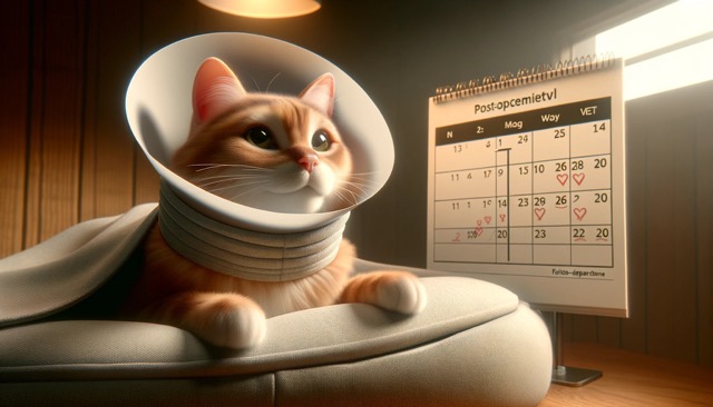 An image of a cat resting in a cozy recovery bed with a soft protective collar, next to a calendar with follow-up vet appointments marked.