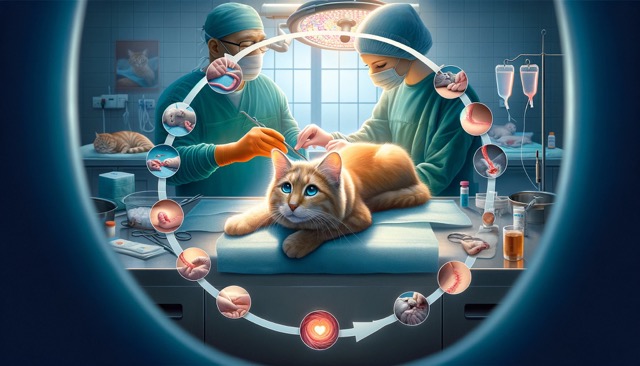 : A sequence of images arranged in a timeline format, each depicting a stage of the spaying procedure: a cat being prepped, a veterinary team performing the surgery with care, the cat in recovery, and finally a happy, healthy cat at home. 
