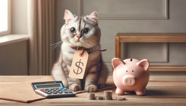 An image of a cat sitting beside a piggy bank and a calculator, with a price tag hanging from its collar, symbolizing the cost of spaying.