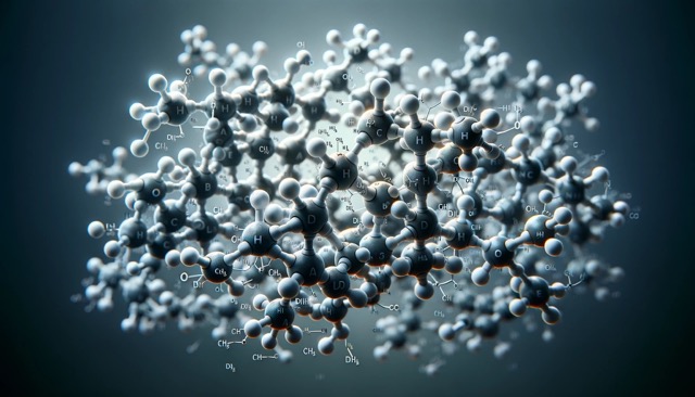 The detailed molecular structure of DHA (Docosahexaenoic Acid). This image accurately represents the complex arrangement of atoms and bonds, highlighting the importance of this omega-3 fatty acid in health and nutrition.