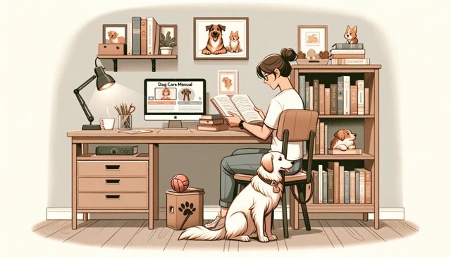 illustration of a dog breeder learning about dog breeding, a reminder that in this field continuous learning is key as things luckily keep evolving