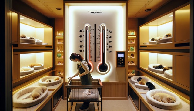 n illustration of a well-equipped nursery room for puppies, highlighting a prominent, large thermometer on the wall. The room is filled with sleeping puppies in small, comfortable beds, and a caregiver is seen adjusting the room's temperature to ensure the puppies' comfort.