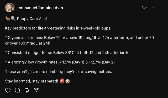 Post on Threads from Dr EMMANUEL FONTAINE on blood glucose levels monitoring in puppies; same concepts can be applied in kittens.
