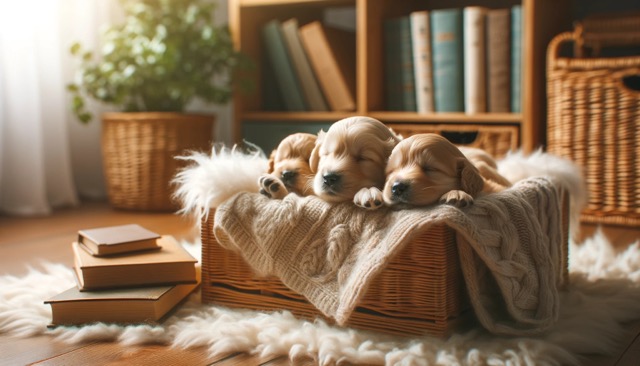 An image of a cozy and warm whelping box setup for newborn puppies, illustrating a nurturing and safe environment.