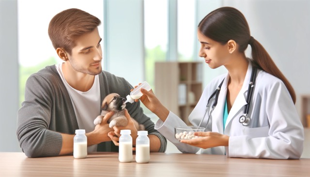 A veterinarian advising a puppy caregiver on feeding techniques, highlighting the importance of veterinary guidance in the care of newborn puppies.