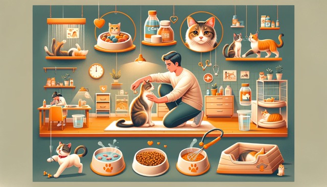 A depiction of a well-arranged pet living area, complete with a cozy bed, clean water bowl, and toys. This shows attention to creating a safe and comfortable environment for pets