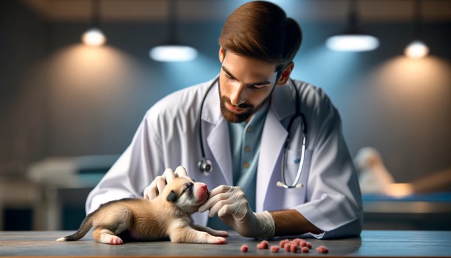 A veterinary professional examining a non-nursing newborn puppy, highlighting the critical role of veterinary care in addressing nursing challenges.