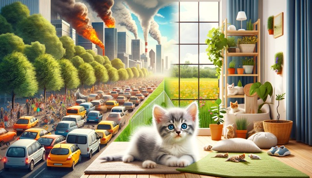 An image of a kitten in a safe, well-equipped indoor environment, showing elements like secure windows, toxin-free plants, and a comfortable resting area. This represents the importance of a safe and controlled indoor environment for kittens.