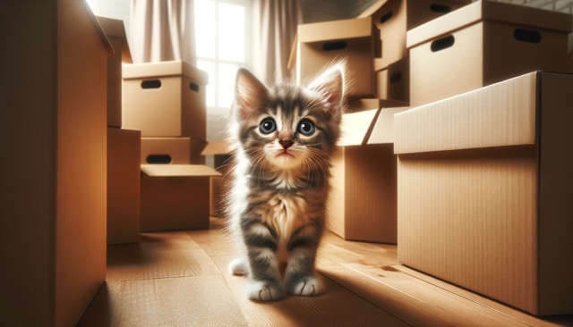 A kitten in the center of a room filled with unopened moving boxes, looking bewildered. The unfamiliarity of the situation conveys the stress of a new environment.