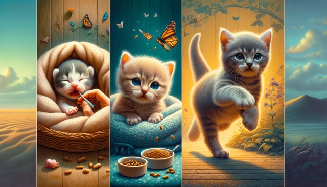 Different stages of a kitten's growth in a triptych-style format. Each panel reflects a specific stage: the newborn stage, the weaning stage, and the pediatric stage