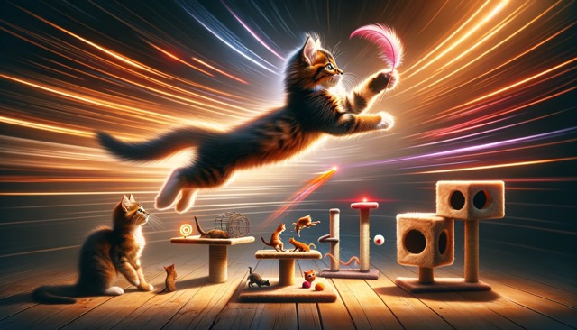  A kitten climbing a cat tree or a series of shelves set up for climbing. The environment would have various textures and levels, encouraging exploration and satisfying their instinctual climbing behavior.