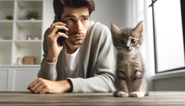 A person making a phone call with a concerned expression, and a kitten in the background. This image emphasizes the urgency and importance of contacting a veterinarian when caring for abandoned kittens in distress.