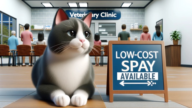An image of a cat sitting next to a sign that reads "Low-Cost Spay Options Available," with a background of a welcoming veterinary clinic and a small queue of pet owners, indicating accessible spay services.