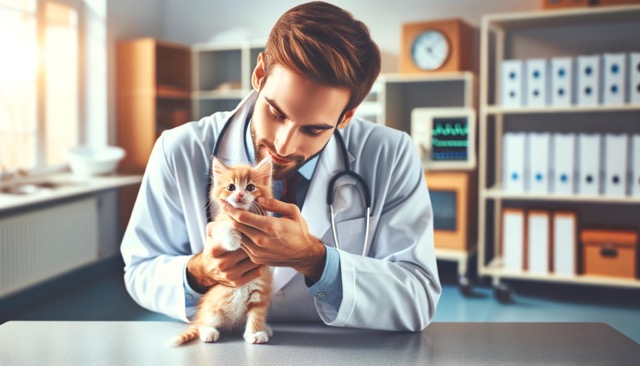 An image of a veterinarian gently handling a kitten