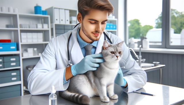 A photo of a veterinarian gently examining a calm cat in a clinic, representing the use of melatonin implants in cats