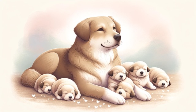 Illustration of a mother dog and her litter of newborn puppies, illustrating the importance of addressing complications in delivery