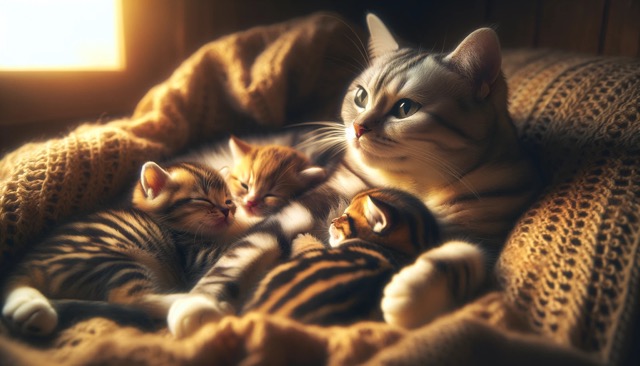 A mother cat lying comfortably as her kittens nurse contentedly. The kittens are variously patterned, and the mother cat watches them with a gentle, protective gaze.