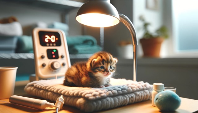 A newborn kitten in an environment with visible temperature control devices like a heating pad, lamp, or thermostat. This image emphasizes the importance of maintaining a warm and stable environment for the well-being of newborn kittens.