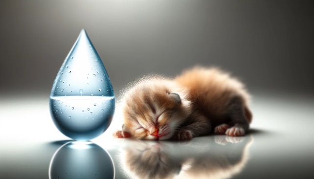 A small, weak or lethargic newborn kitten lying next to an oversized water droplet. This image symbolically represents the importance of hydration for the health of the kitten, emphasizing the risk of dehydration.