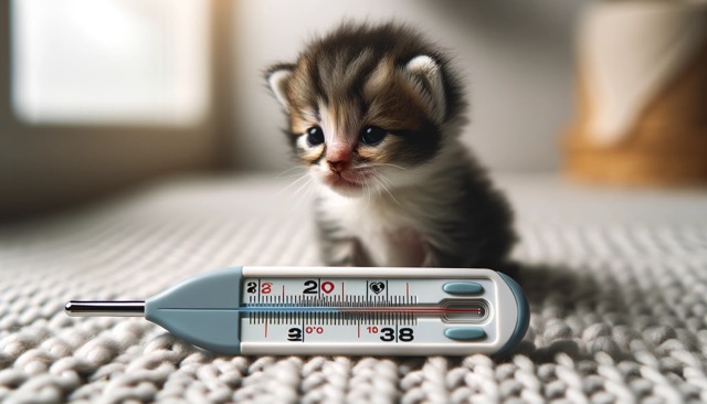 A thermometer next to a newborn kitten with the temperature reading indicating a cold environment, is now available. This image captures the vulnerability of the kitten and the risk of hypothermia in a visually impactful way.