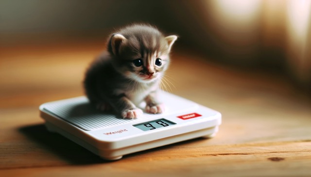 A tiny newborn kitten sitting or lying on a small digital scale with the weight reading clearly visible. This image highlights the importance of regular weight checks in monitoring the kitten's growth and health.