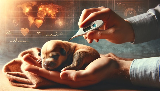 A tender scene where a human hand is shown checking the temperature of a resting newborn puppy, with a gentle, caring touch. 