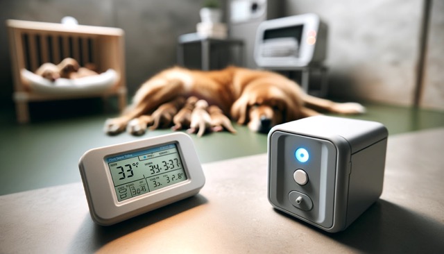  A close-up shot of the weather station with its digital display of temperature and humidity levels. In the softly blurred background, the cozy dog maternity area is visible, with puppies and their mother resting, emphasizing the importance of the weather station in maintaining their comfort.