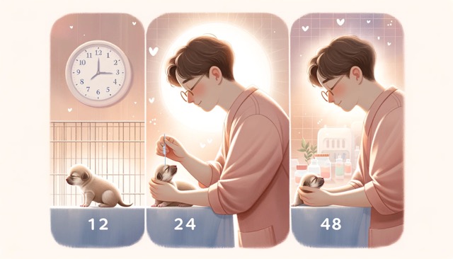 illustration of the 3 crucial moments on when to check a newborn puppy's health parameters: 12h, 24h and 48h after birth