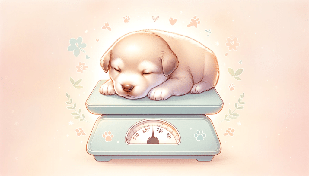 An illustration of a newborn puppy on a scale, emphasizing the importance of daily weight checks when it comes to newborn puppy care 