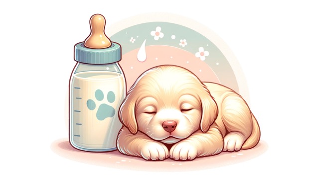 Illustration of a newborn puppy next to a bottle of milk replacer, an important element of the maternity toolkit when it comes to newborn puppy care.