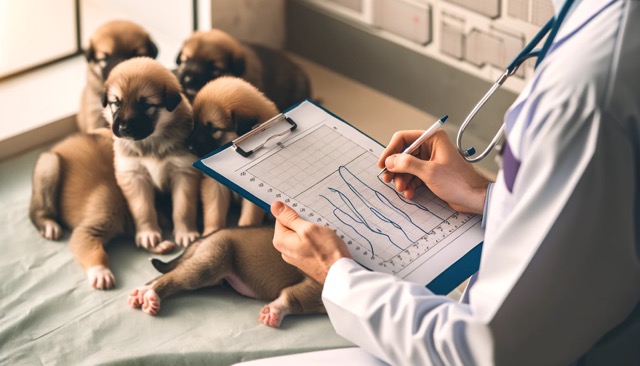 A veterinarian examining neonatal growth charts next to a litter of puppies, capturing the professional care and attention given to tracking the development of the puppies.