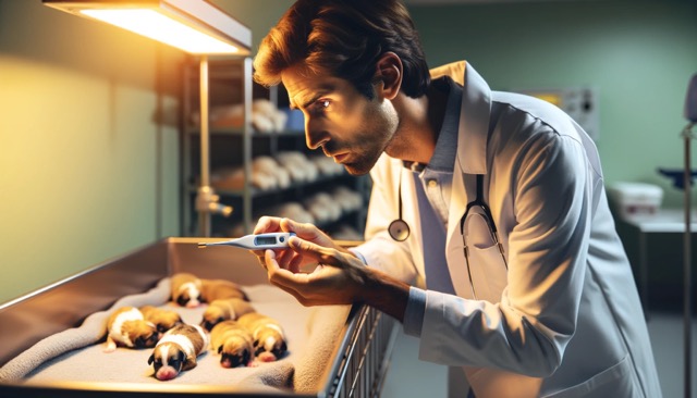 A veterinary professional examining a non-nursing newborn puppy, highlighting the critical role of veterinary care in addressing nursing challenges.
