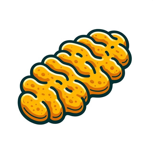 Illustration of a newborn puppy or kitten poop: it appears to be a slightly irregular, elongated shape with a somewhat lumpy texture. It is not segmented or pellet-like, which is typical for a healthy adult dog or cat but is rather continuous and uniform. The color of the poop is a bright mustard yellow to orange hue, which is distinct from the brown tones typically expected in adult feces.