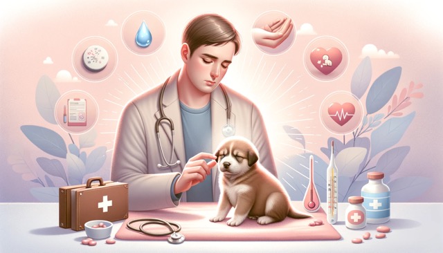 illustration of a veterinarian checking on a newborn puppy, highlighting the importance of recognizing health issues in newborn puppy care