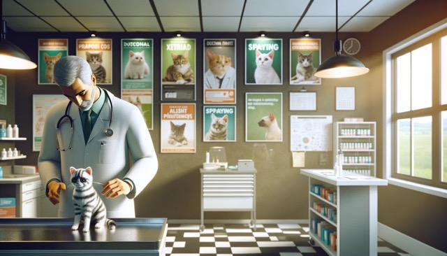 A scene in a veterinarian's office with a vet examining a pregnant cat, with educational posters about spaying in the background.