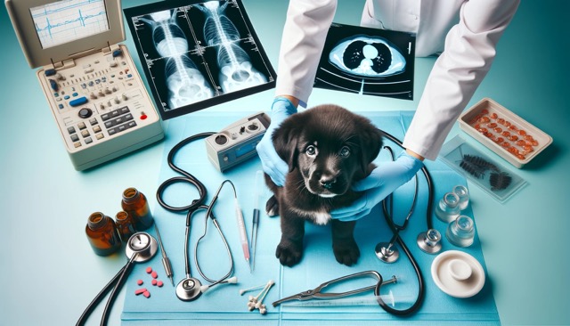 Puppy at a Vet Clinic with Diagnostic Tools: An image of a puppy at a veterinary clinic, surrounded by diagnostic tools like radiography equipment, highlighting the medical environment and procedures used in diagnosing Swimmer Puppy Syndrome.