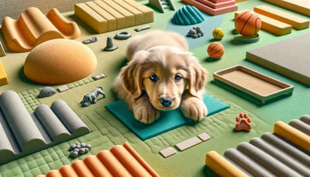 Non-Slippery Surface for Puppies: An image showing a puppy with Swimmer Puppy Syndrome on a textured non-slip mat or rubber flooring, illustrating the importance of a safe and supportive environment for mobility and development.