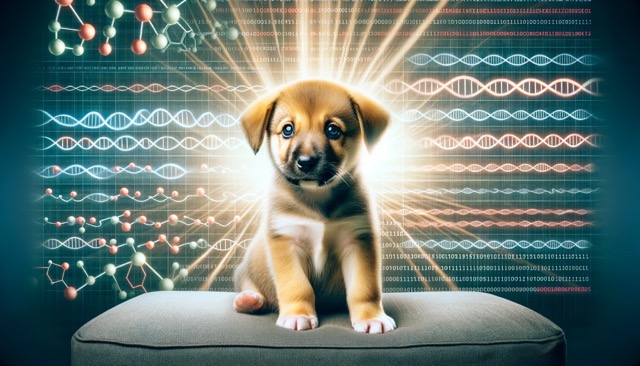 Puppy and Genetic Code Background: An image of a puppy with a background of genetic codes or sequences, subtly implying how genetic makeup can predispose certain puppies to Swimmer Puppy Syndrome.