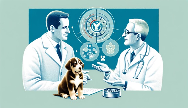 Veterinarian Advising on Puppy Nutrition: An image illustrating a veterinarian discussing or presenting a nutritional plan to a puppy owner, highlighting the professional guidance needed for dietary management of puppies with Swimmer Puppy Syndrome.