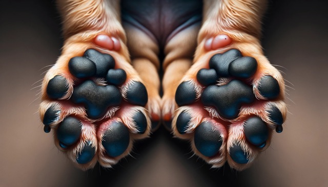 Close-up of Affected Limbs: A close-up image focusing on the legs of a puppy with Swimmer Puppy Syndrome, showing the abnormal spread and position.
