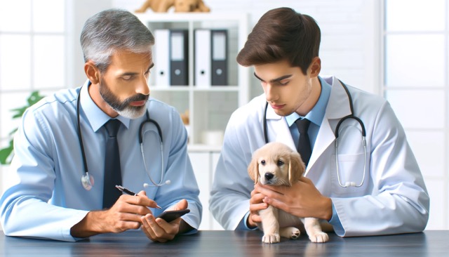 Veterinarian Advising a Breeder or Owner: A scene where a veterinarian is providing advice and guidance to a breeder or puppy owner on preventing Swimmer Puppy Syndrome, emphasizing the role of professional consultation.