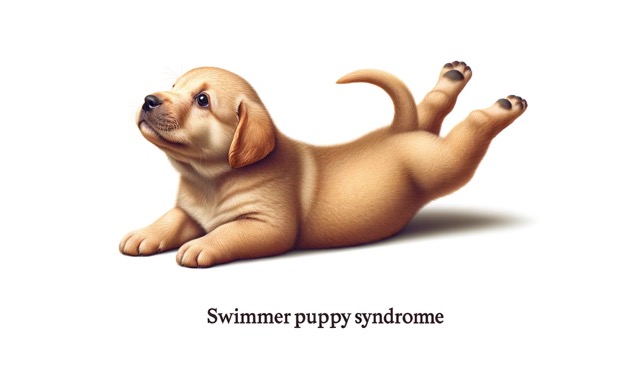 Puppy with Classic SPS Pose: An image showing a puppy in the characteristic Swimmer Puppy Syndrome pose, lying on its stomach with limbs splayed out to the sides, clearly depicting the syndrome’s primary physical symptom.