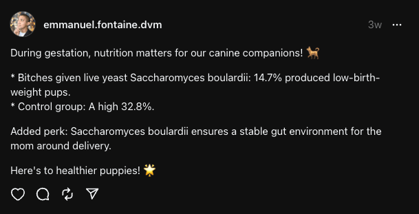 Threads post from EMMANUEL FONTAINE on recent studies on supplements during gestation that can benefit the microbiome of newborn puppies and kittens