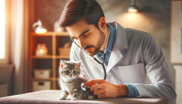 A compassionate veterinarian using a stethoscope to listen to a kitten’s heartbeat. The kitten is resting comfortably on an examination table, with the vet's gentle hand supporting it.
